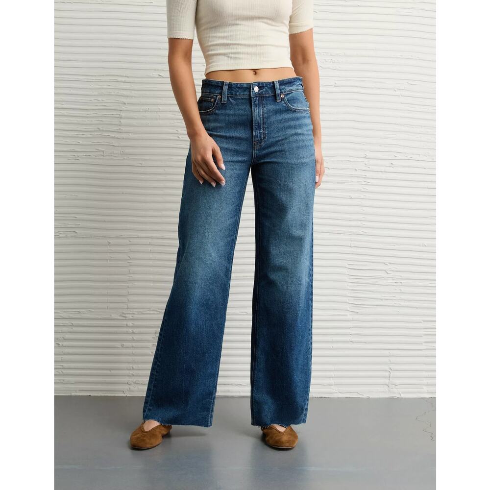 American Eagle Wide Leg Jeans Womens 00 Short High Rise Baggy Stretch 24W